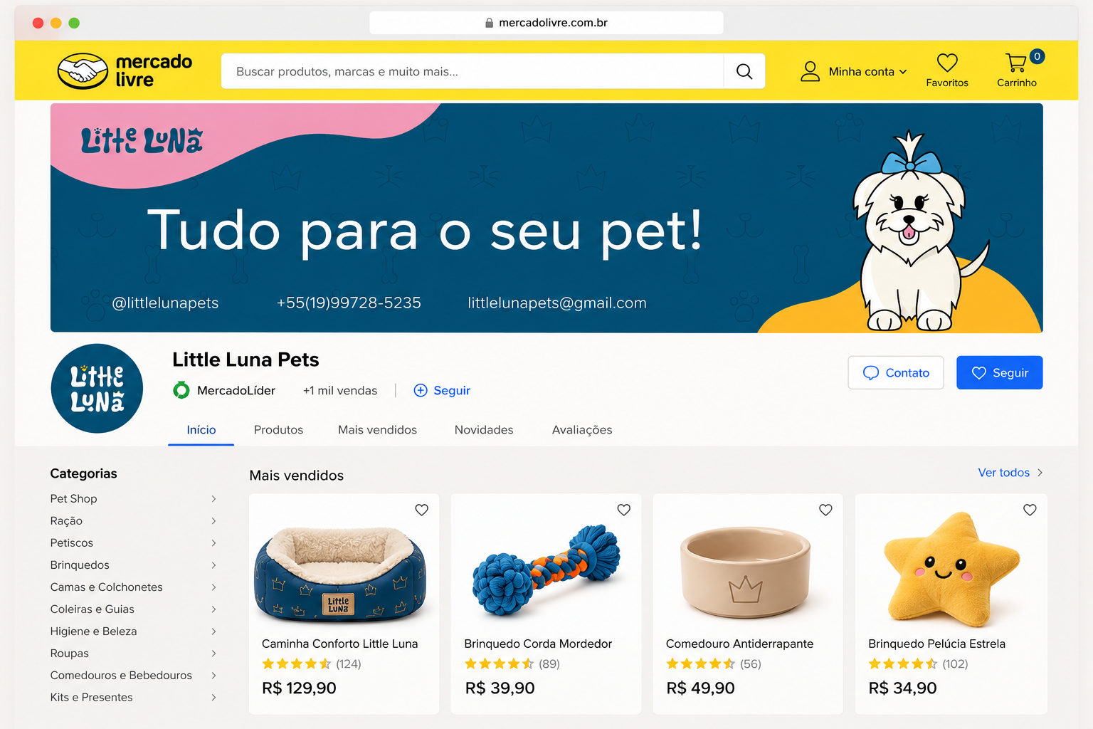 Página Mercado Livre da Little Luna Pets — Little Luna