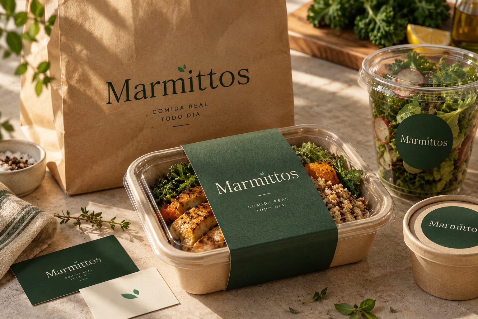 Marmittos brand identity presentation reading "Comida Real Todo Dia"