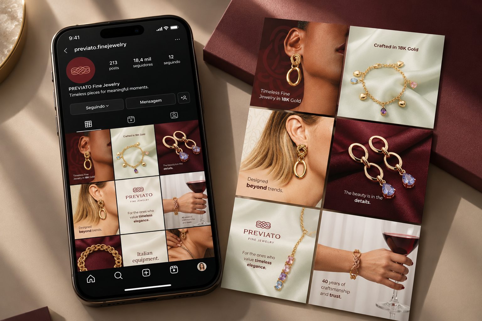 Previato Fine Jewelry social media post with 18K gold jewelry on silk