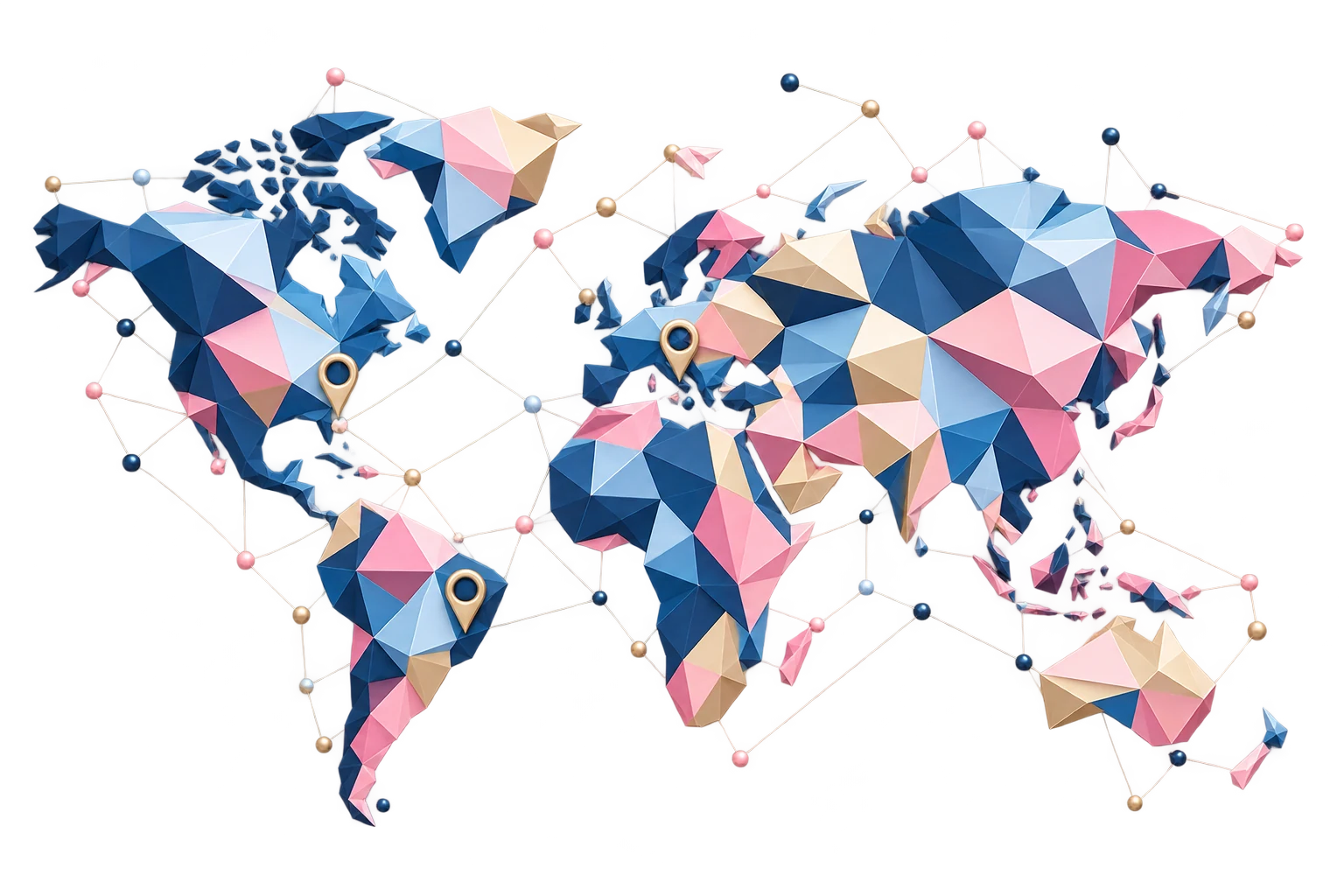 Geometric world map in navy, pink, sky blue and beige with gold pins marking Brazil, Florida in the United States, and Italy